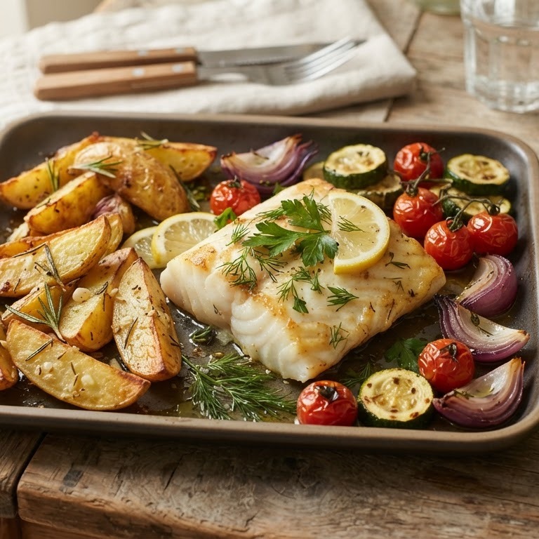Kabeljauw uit de oven met Toscaanse aardappelpartjes recept