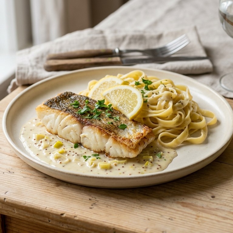 Kabeljauwfilet in prei-mosterdsaus met tagliatelle recept