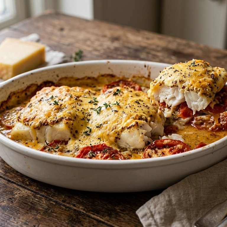Kabeljauwfilet met cheddar en tomaten recept