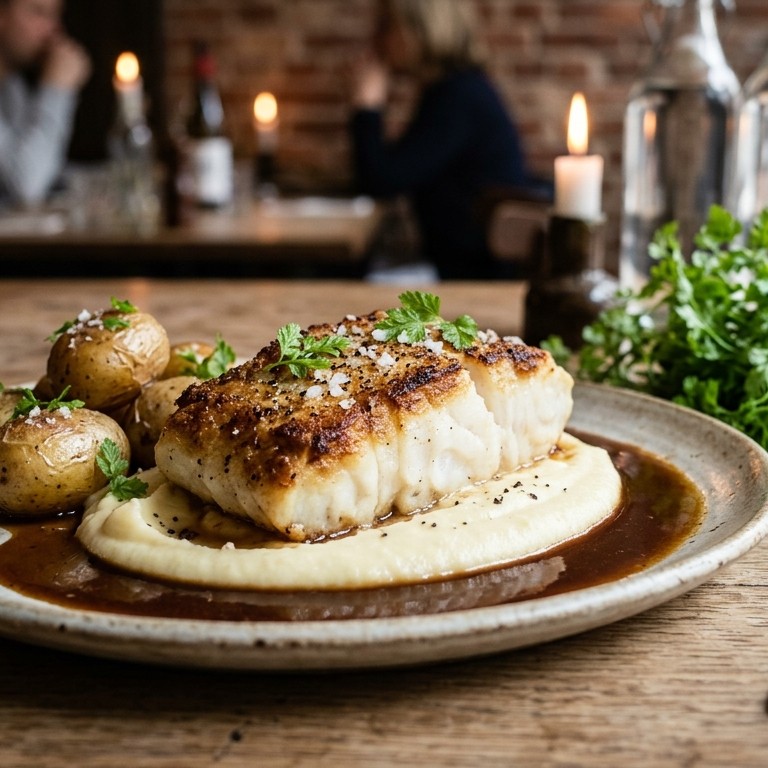Kabeljauwfilet met knoflookpuree en vleessaus recept