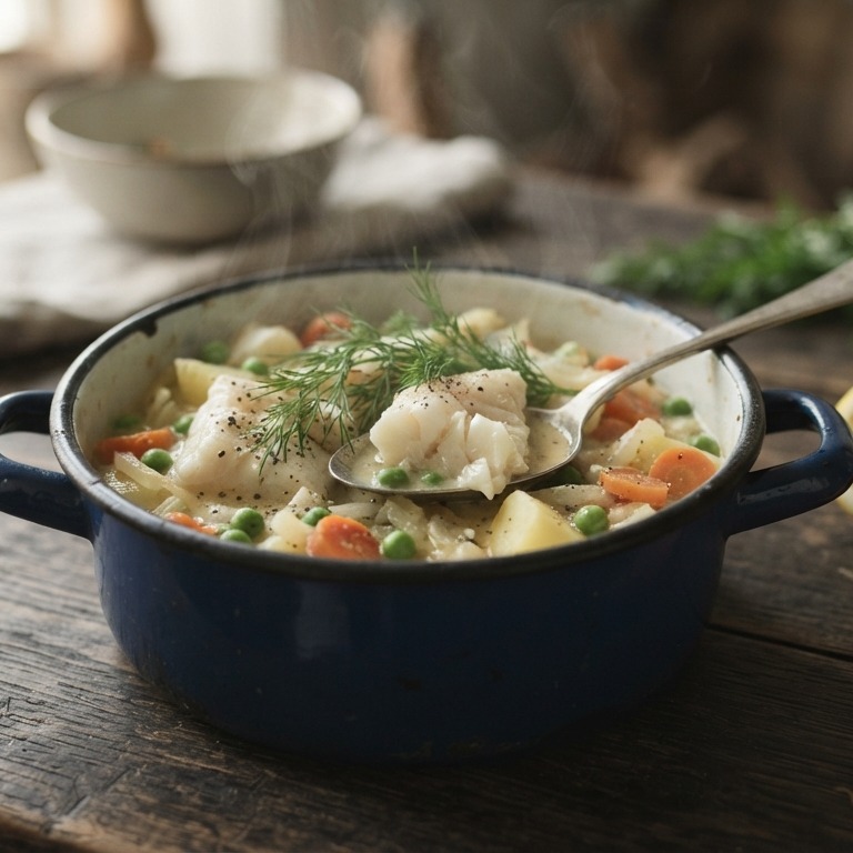 Kabeljauwfiletpotje met witte wijn, mosterd en dille recept