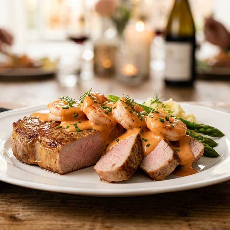 Kalfsentrecôte met garnalen en kreeftensaus recept