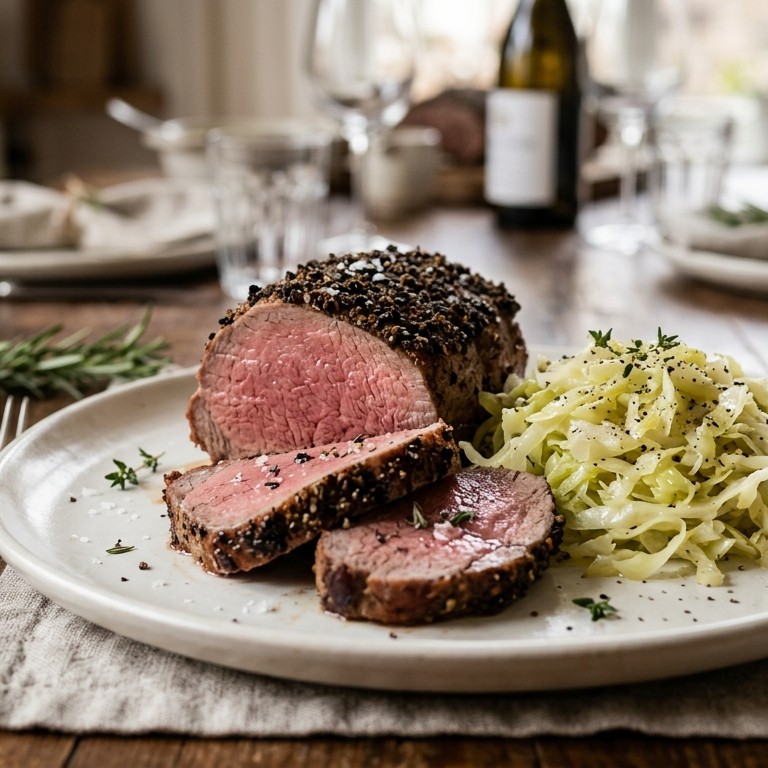 Kalfsfilet in peperkorst met geraspte spitskool recept