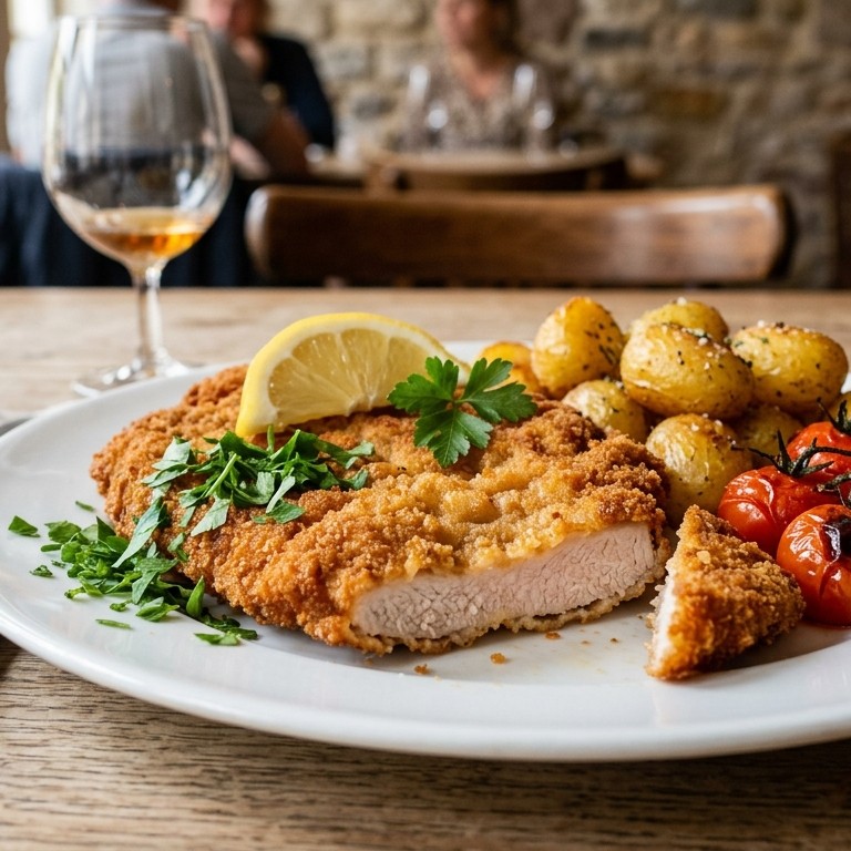 Kalfsschnitzel met gefrituurde aardappels en tomaten recept