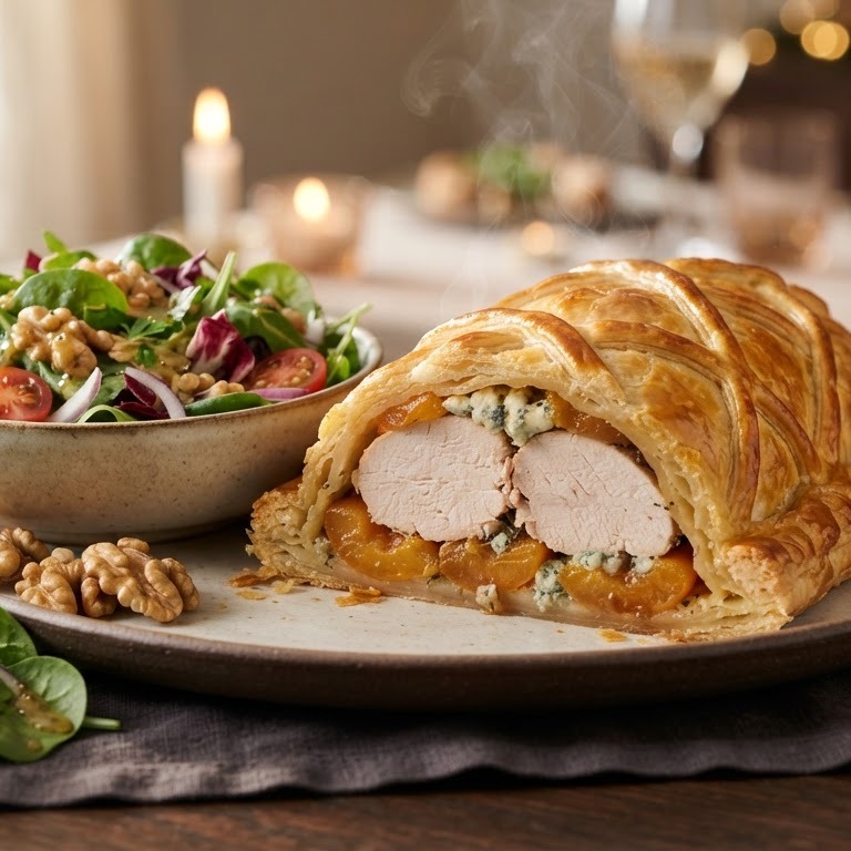 Kalkoenfilet in bladerdeeg met abrikozen en gemengde sla recept