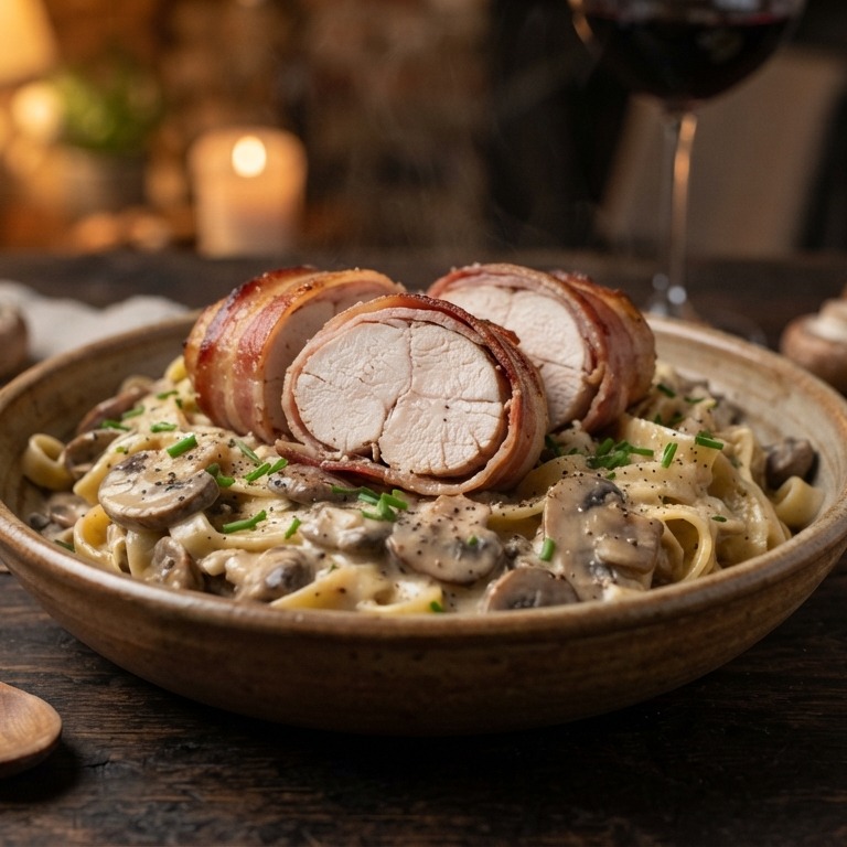 Kalkoenfilet met katenspek en Italiaanse kaassaus recept
