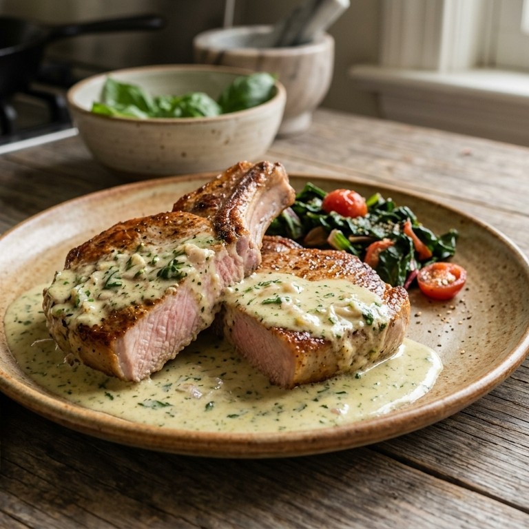 Karbonades met pesto-monchousaus recept
