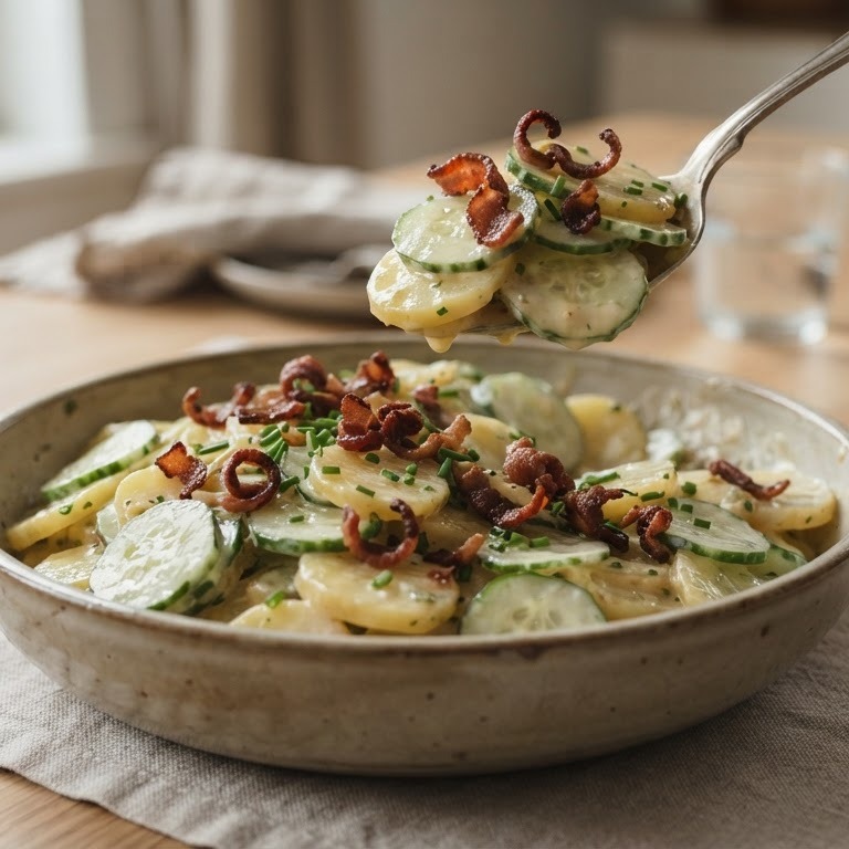 Kartoffelsalade met spekjes en komkommer recept