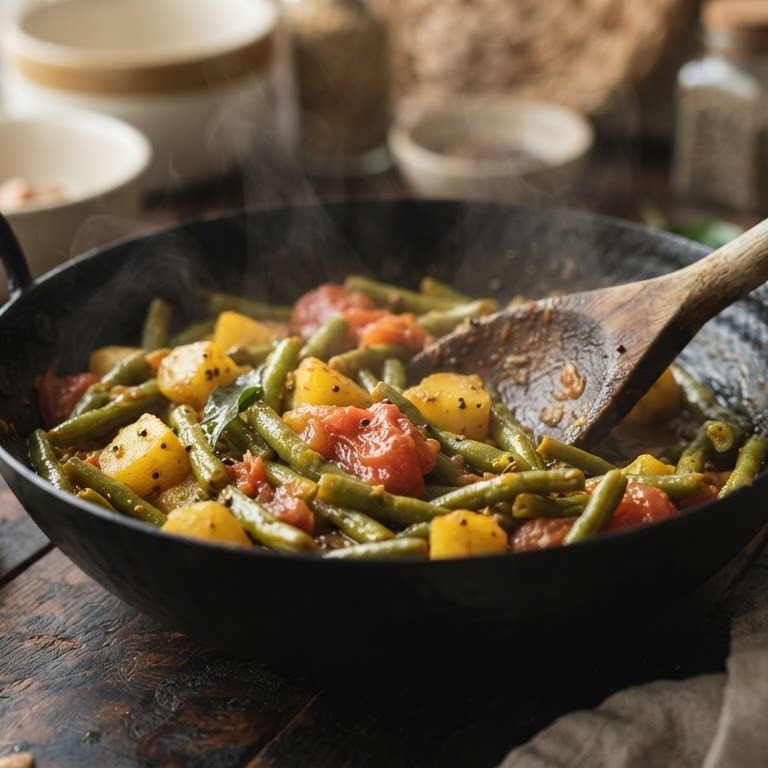 Kerrie sperziebonen met aardappelen en tomaat recept