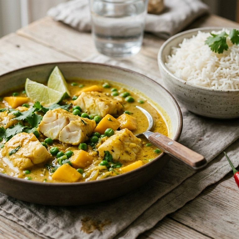 Kerrie-visschotel met mango recept