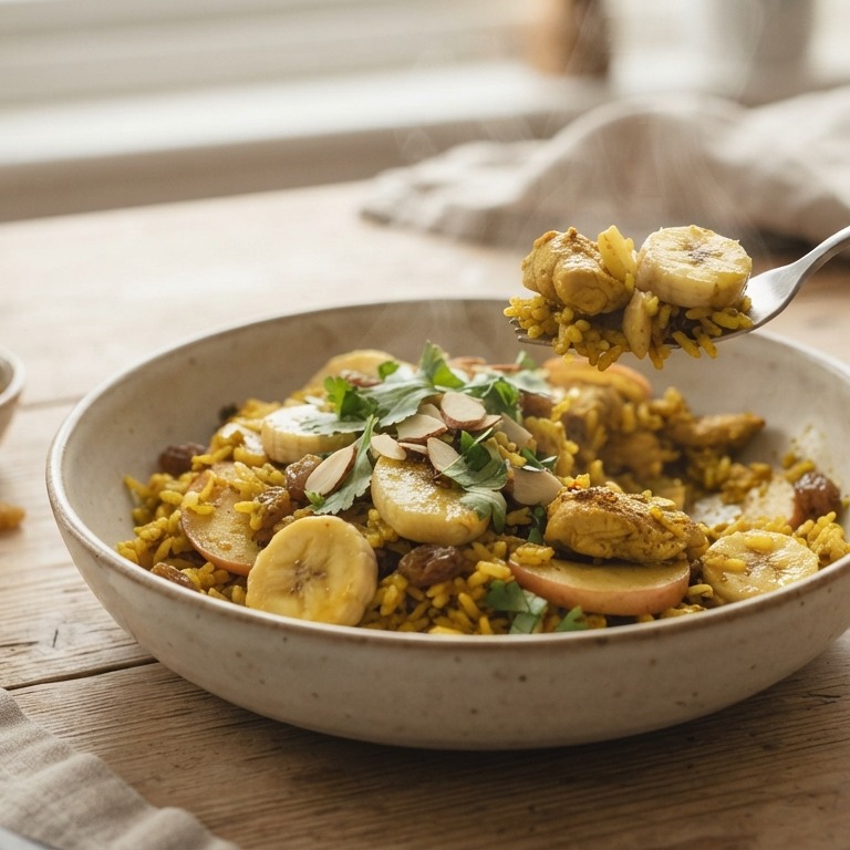 Kerrierijst met kip, appel en banaan recept