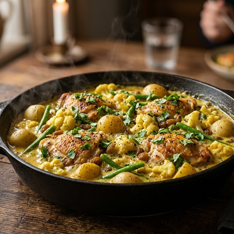 Kerrieschotel met kip en krieltjes recept