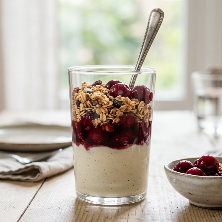Kersencoupe met krokante muesli recept