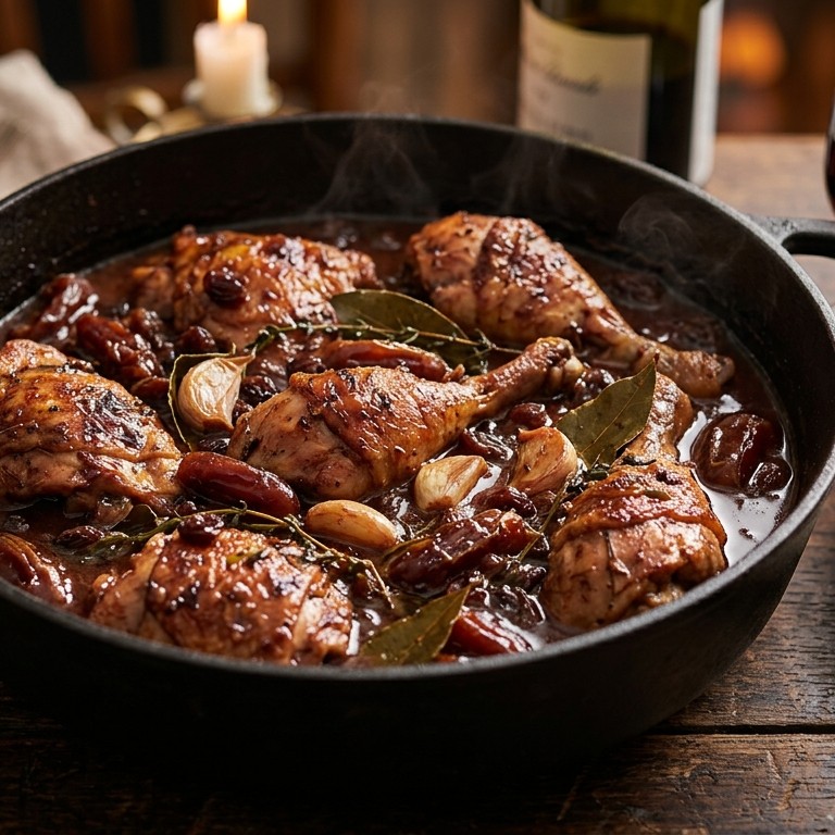Kip in rode wijn/dadelsaus met  rozijnen recept