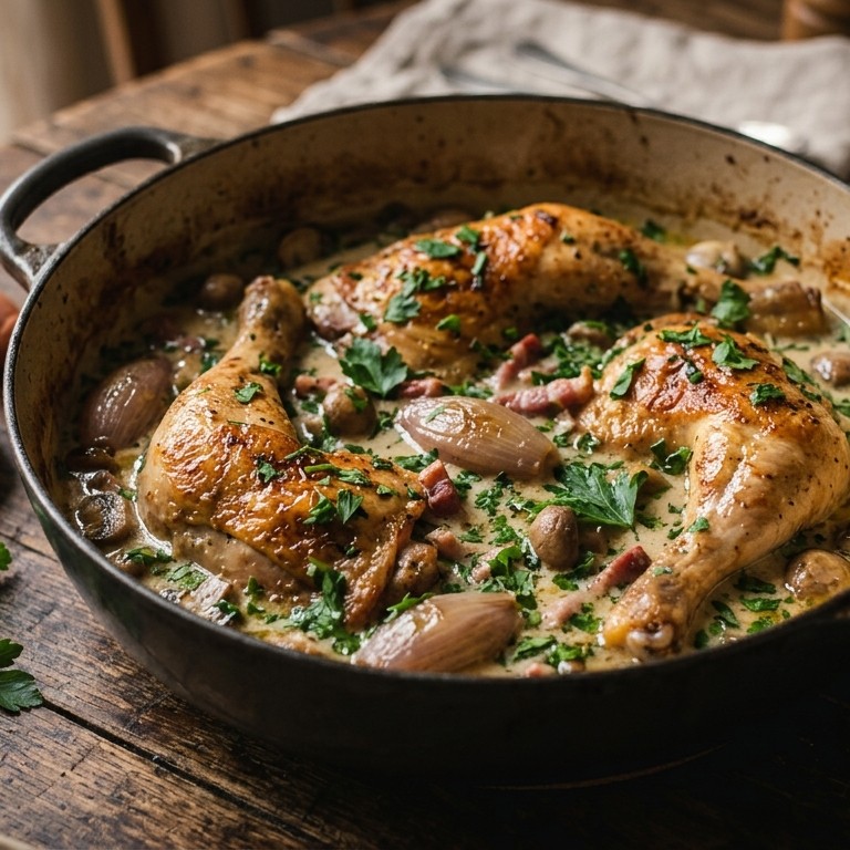 Kip in witte wijn met gerookt spek recept