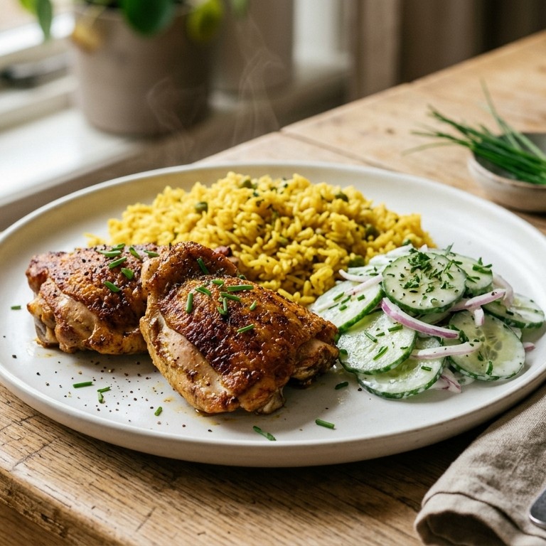Kip karbonades met kerrierijst en komkommer recept