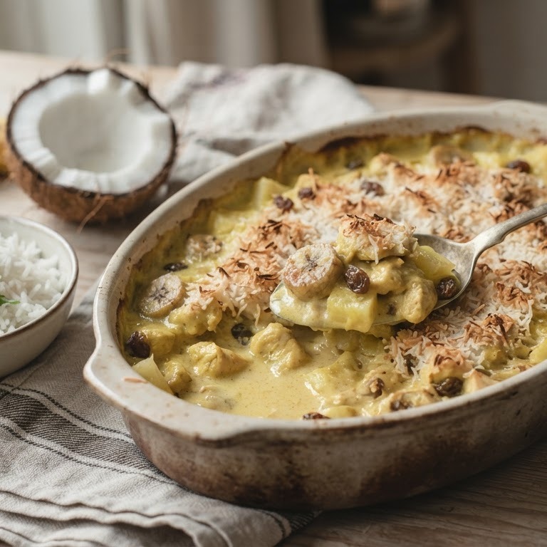 Kip-kerrie schotel met banaan, ananas, rozijnen en cocos recept