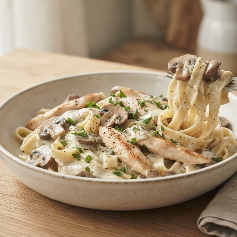 Kip met boursin, champignons en tagliatelle recept