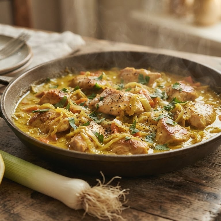 Kip met curry en verfijnde prei recept