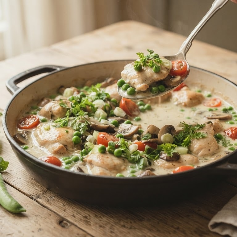 Kip met doperwten en champignons recept