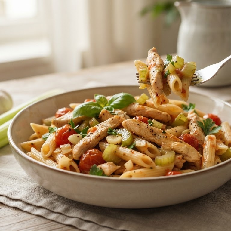Kip met knoflook, bleekselderij en pasta recept