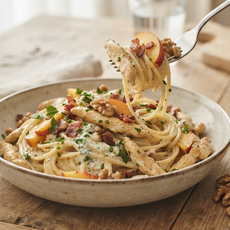 Kip met noten, Boursin en fruit recept