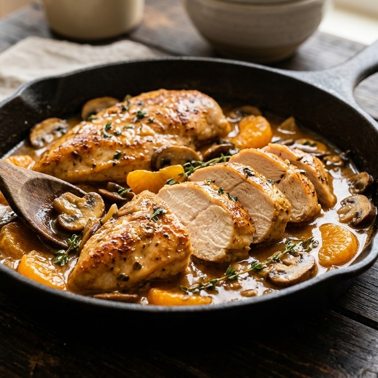 Kip met sinaasappel-paddestoelsaus recept