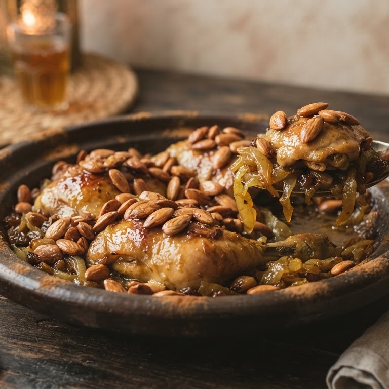 Kip met uien en amandelen recept