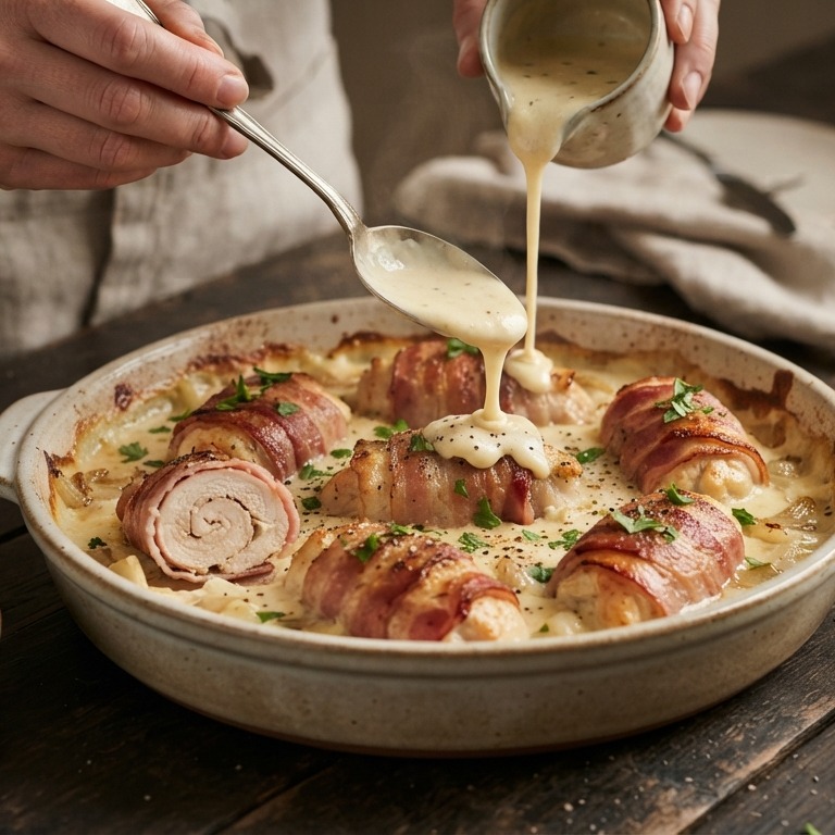 Kip spekrolletjes in een saus van abdijkaas recept