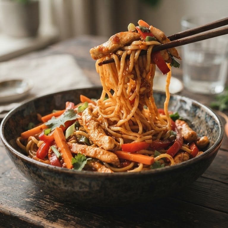 Kipfilet en wortels in oosterse tomatensaus met mie recept