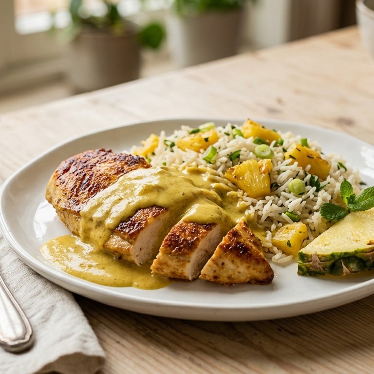 Kipfilet met ananasrijst en kerriesaus recept