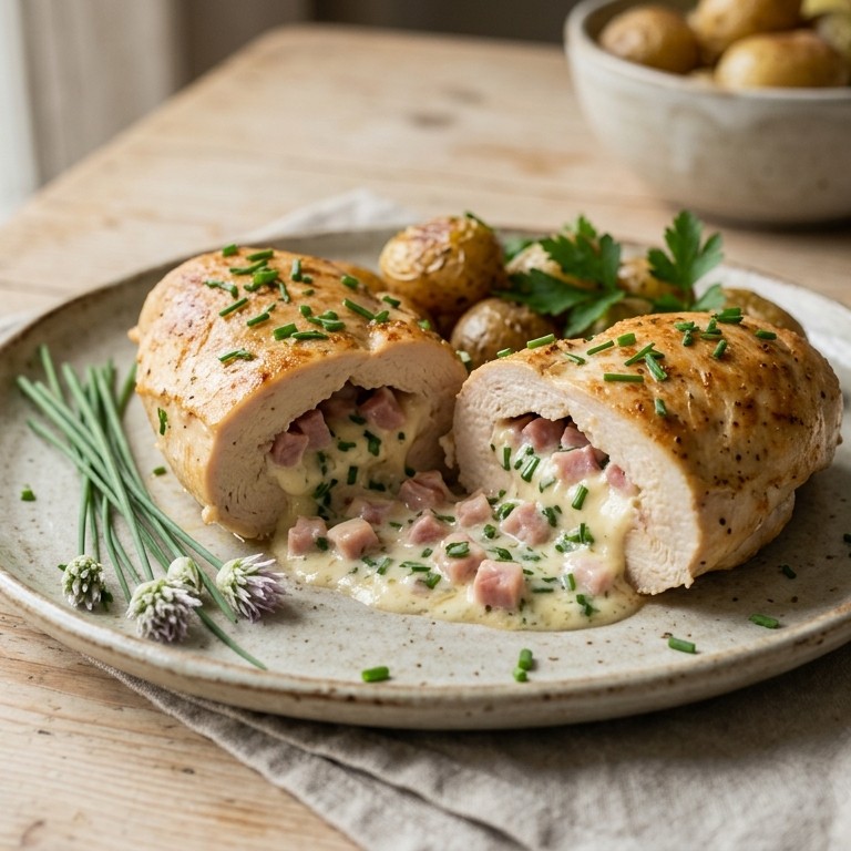Kipfilet met bieslook, roomkaas en ham recept