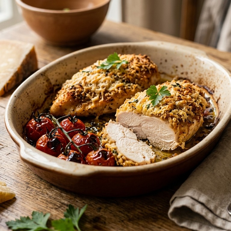 Kipfilet met kaaskorstje en geroosterde tomaten recept