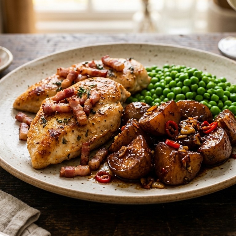 Kipfilet met ketjap-aardappels en erwtjes recept