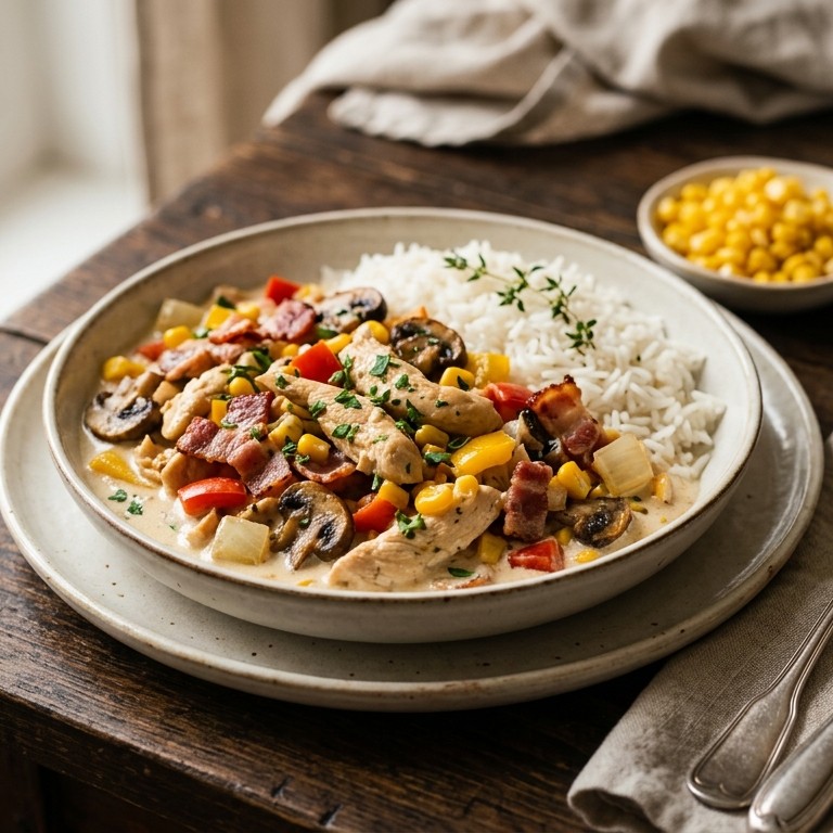 Kipfilet met spek, champignons, paprika en creme fraiche recept