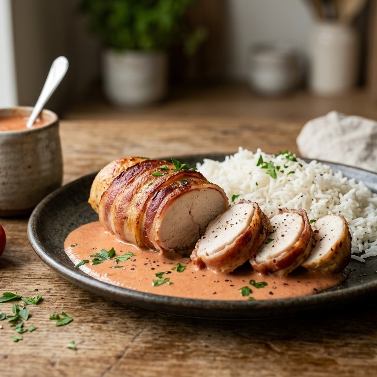 Kipfilet met spek en rijst recept