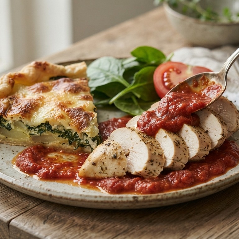 Kipfilet met spinazietaart en tomatensaus recept