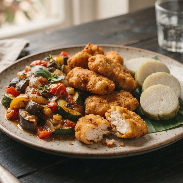 Kipnuggets met ratatouille en lontonrijst recept