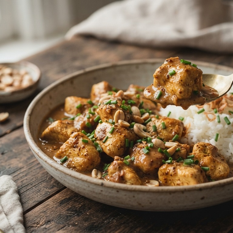kippenblokjes met knoflook en pindasaus recept