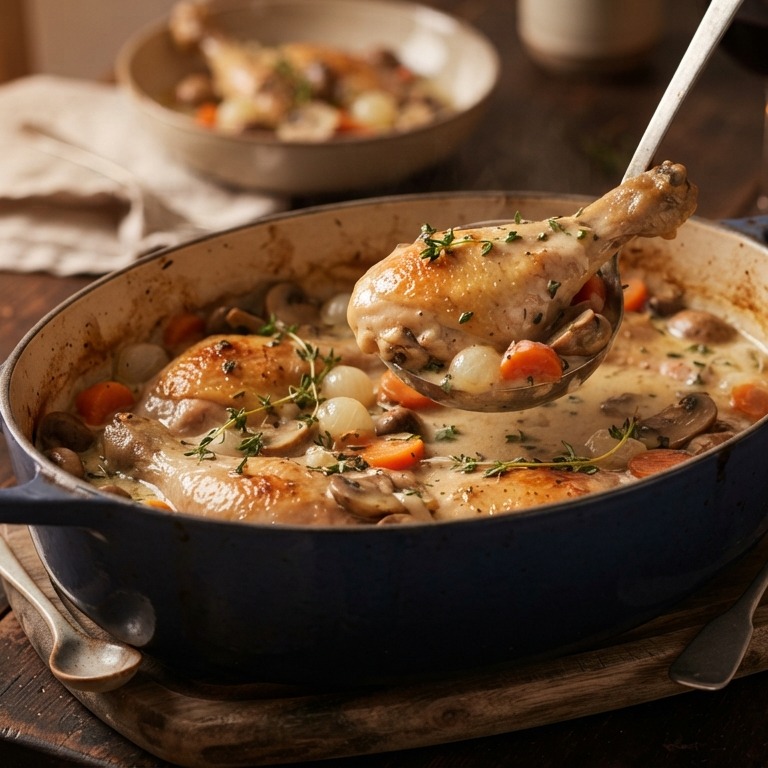 Kippenpoten met champignons en wortel in witte wijn recept