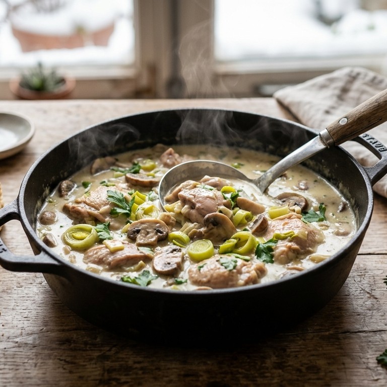 Kippenragout met champignons en prei recept