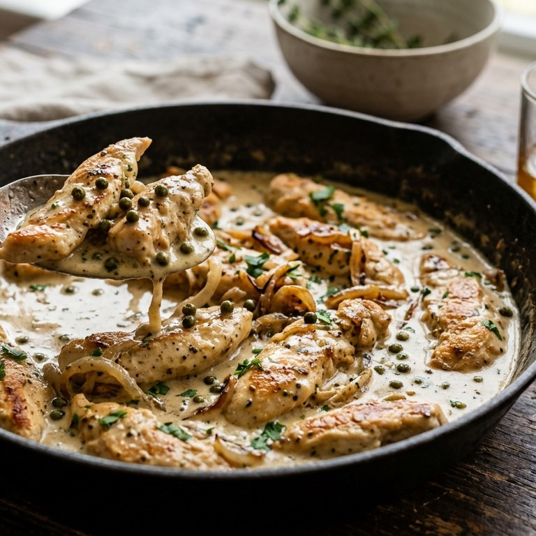 Kippenreepjes met groene pepersaus recept