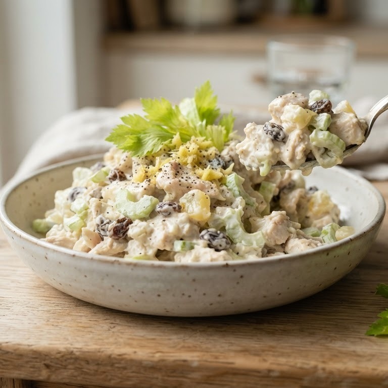 Kippensalade met selderij en rozijnen recept