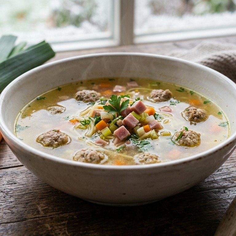 Kippensoep met kalfsgehaktballetjes en hamblokjes recept