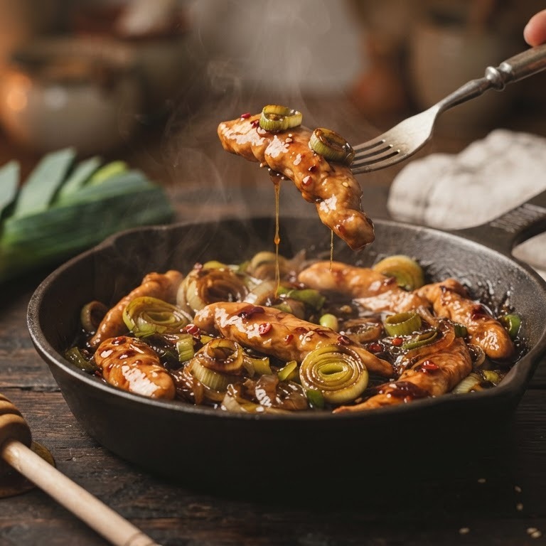 Kipreepjes met prei en honing recept