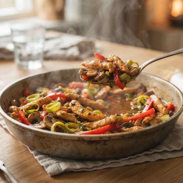 Kipreepjes met prei en paprika recept