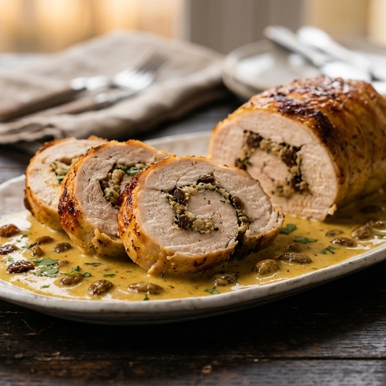 Kiprollade met kerriesaus en rozijnen recept