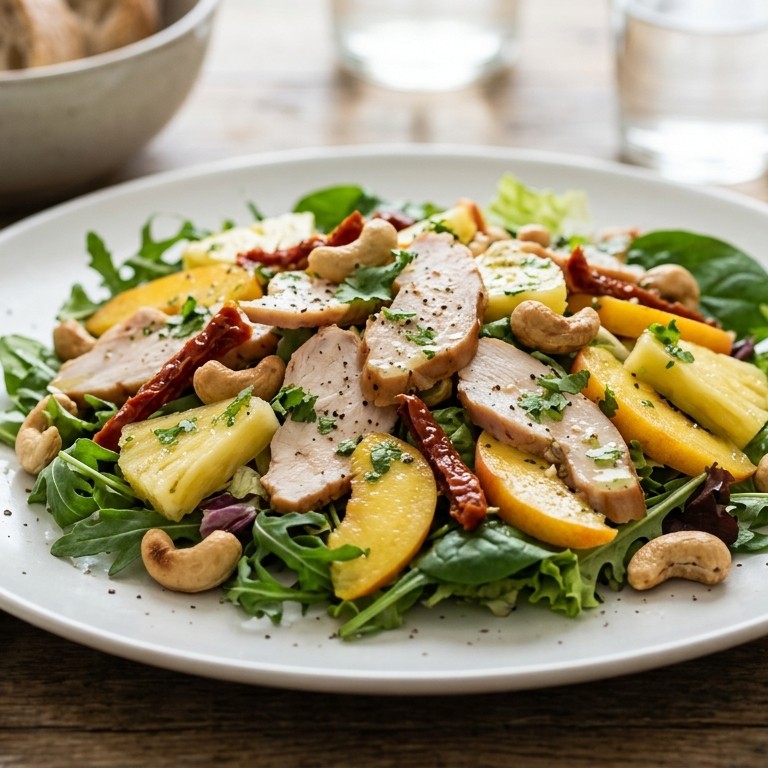 Kipsalade met ananas, perzik en cashewnoten recept