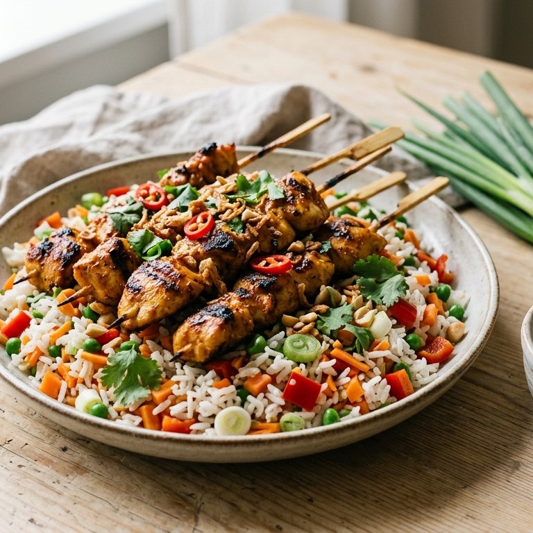 Kipsaté met rijstsalade recept