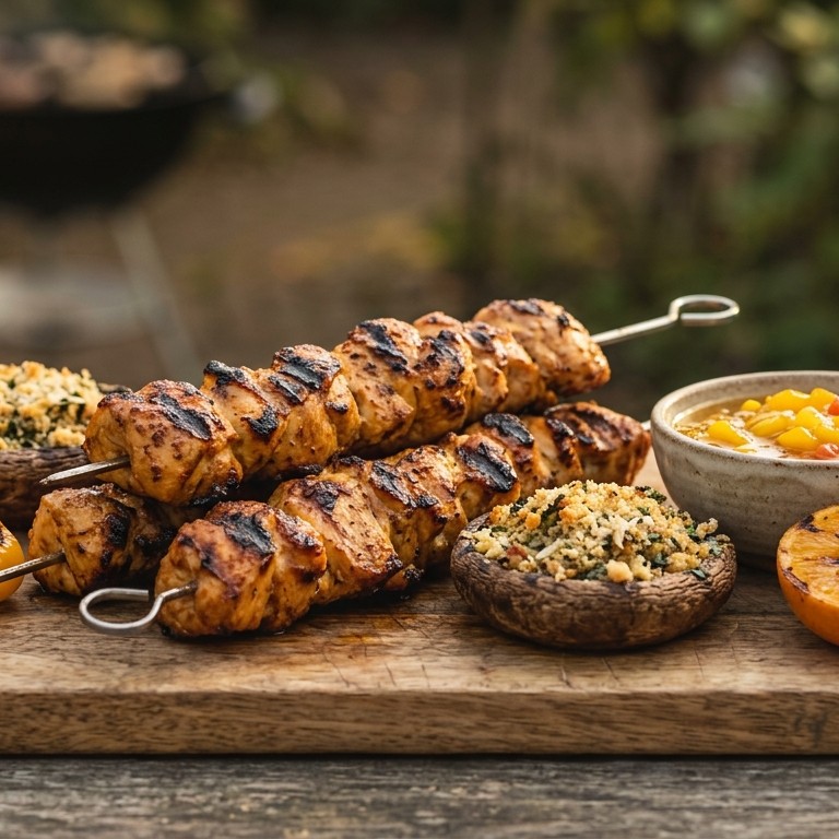 Kipsouvlaki met gevulde champignons op de bbq recept